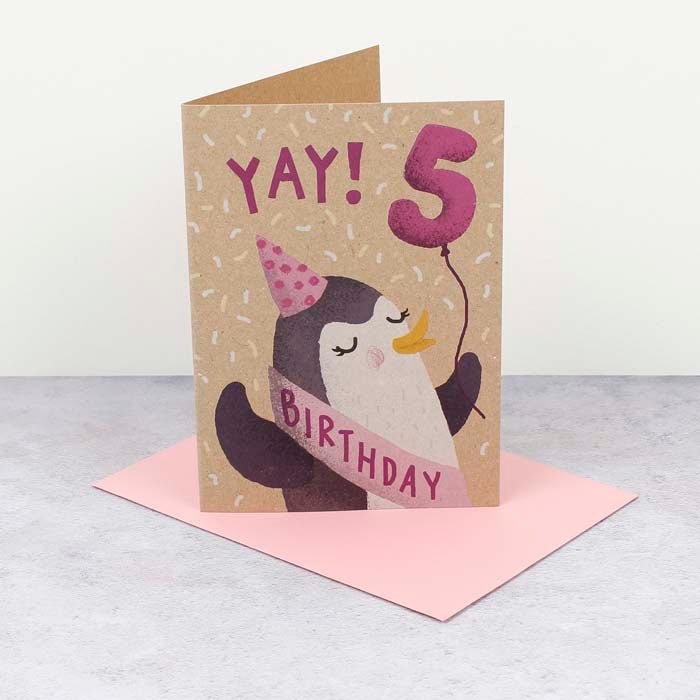 5th Birthday Penguin Card - Green Tulip