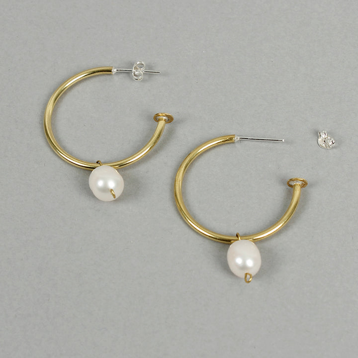 Pearl Brass Hoop Studs - Medium