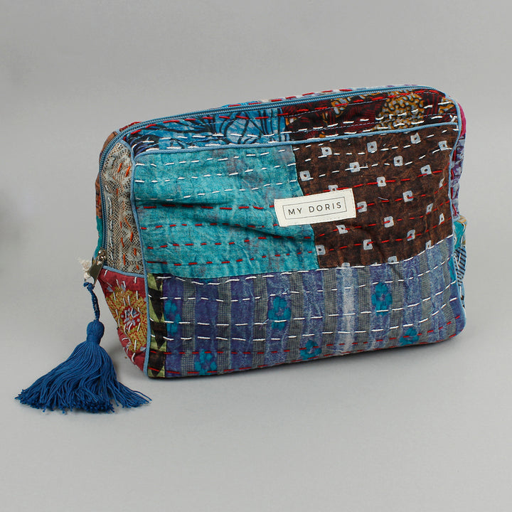 Large Upcycled Kantha Wash Bag - Blue Mix