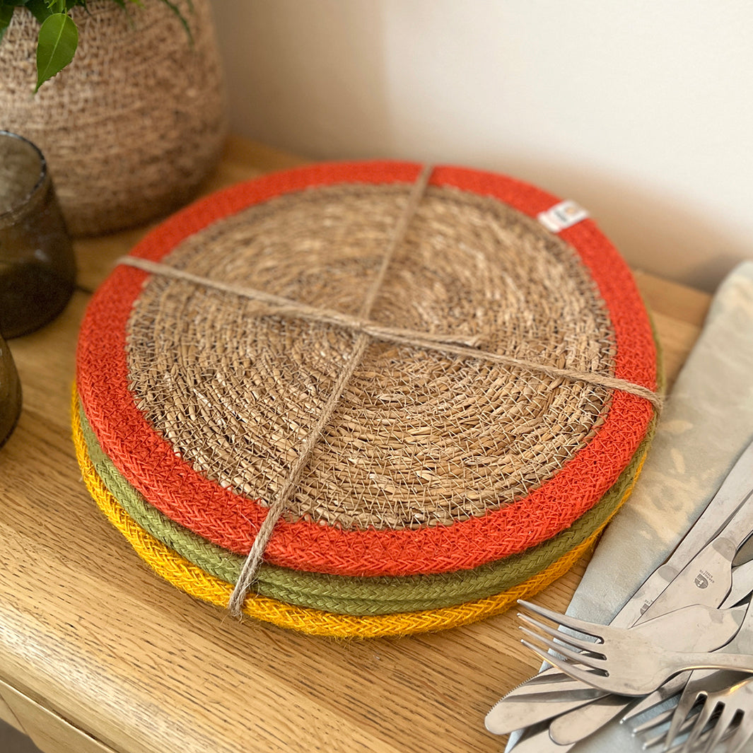 Set of 6 Seagrass & Jute Tablemats - Brights