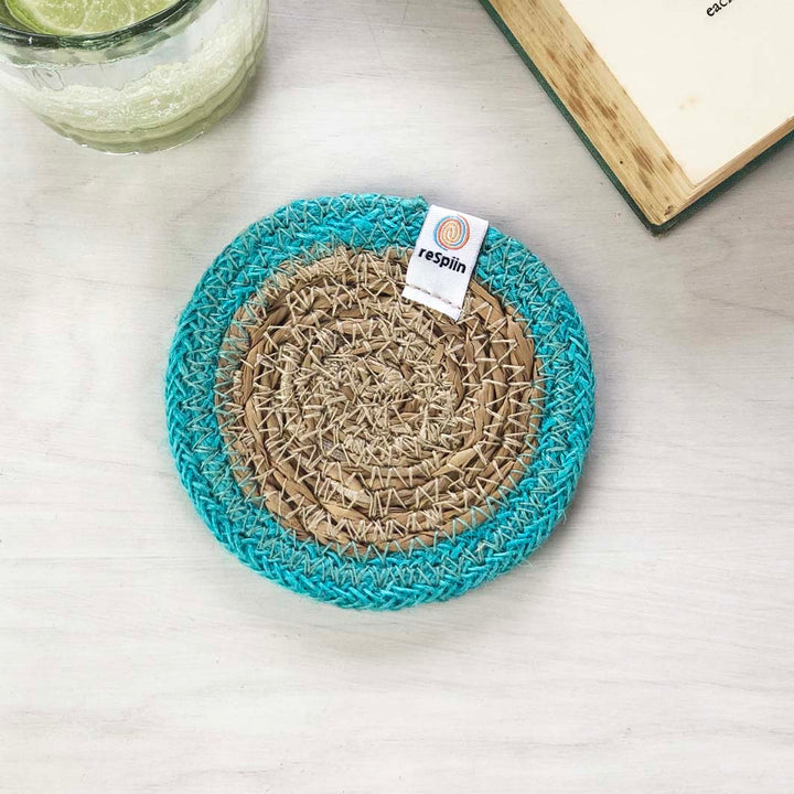 *NQP* Seagrass & Jute Coaster - Natural/Turquoise