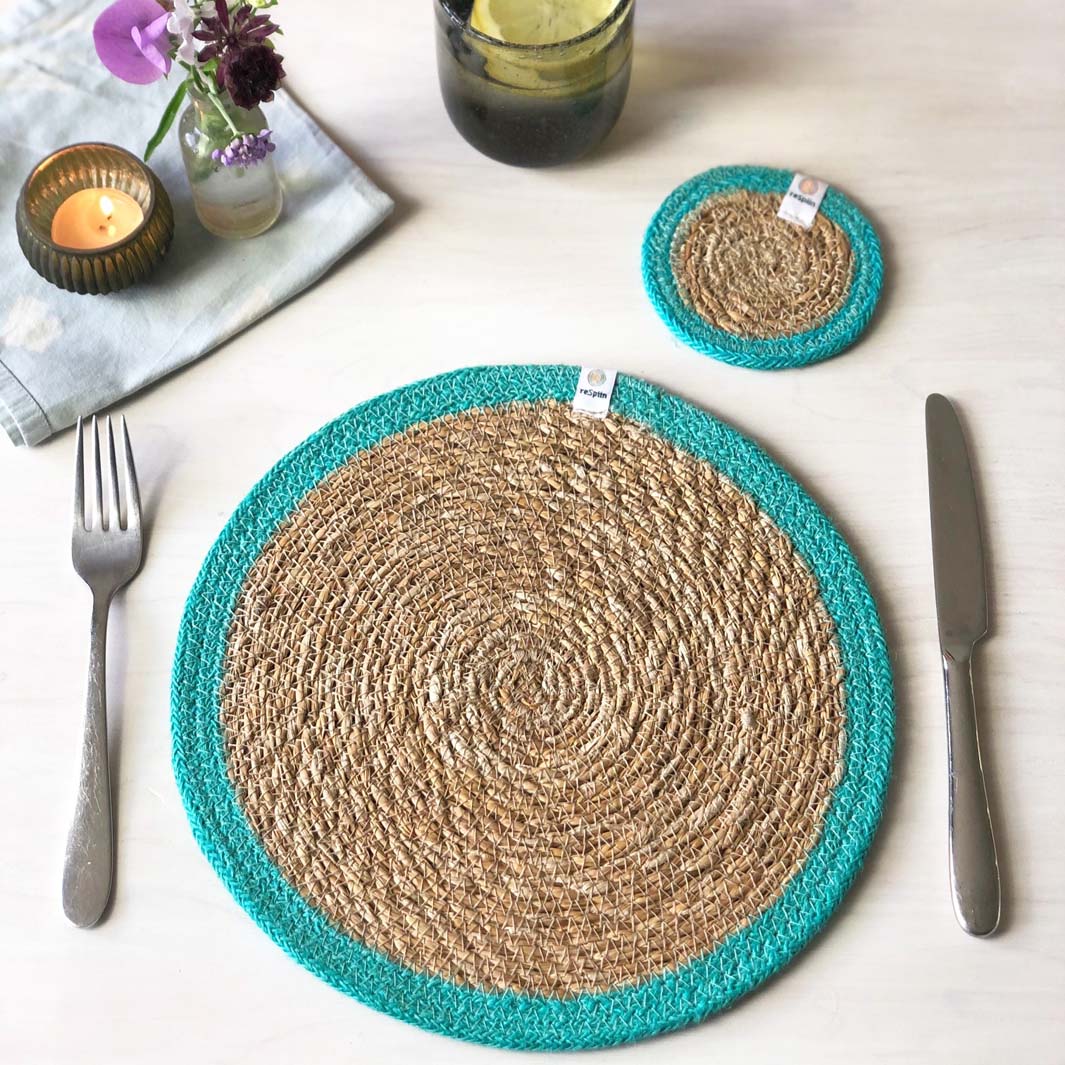 *NQP* Seagrass & Jute Coaster - Natural/Turquoise