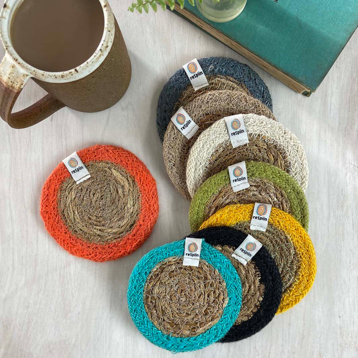 *NQP* Seagrass & Jute Coaster - Natural/Turquoise