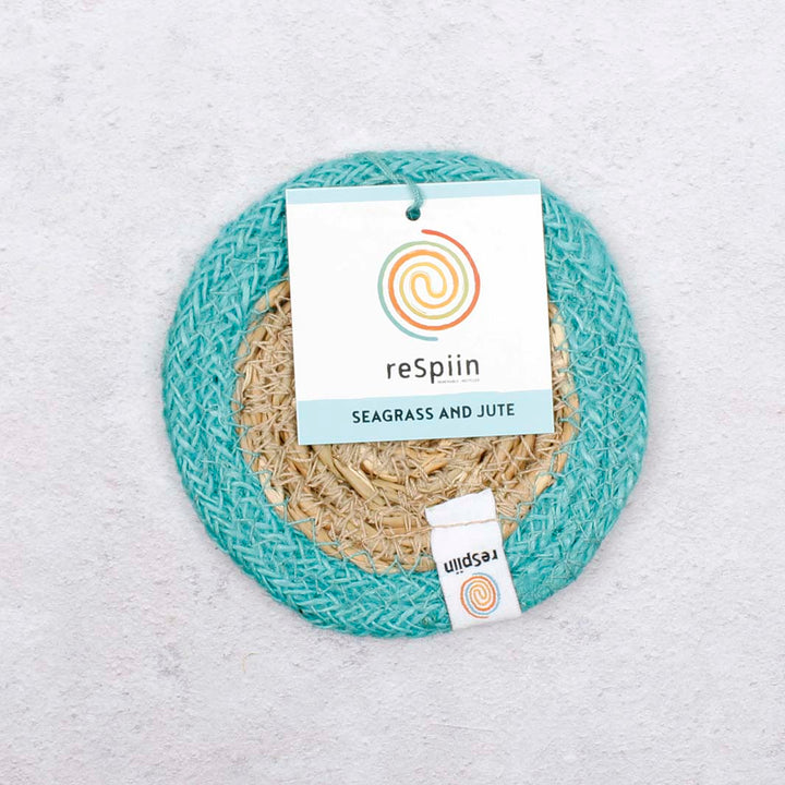 *NQP* Seagrass & Jute Coaster - Natural/Turquoise