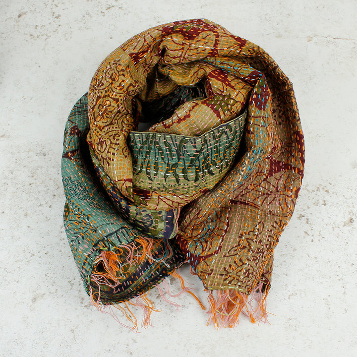 Upcycled Silk Kantha Stitch Scarf