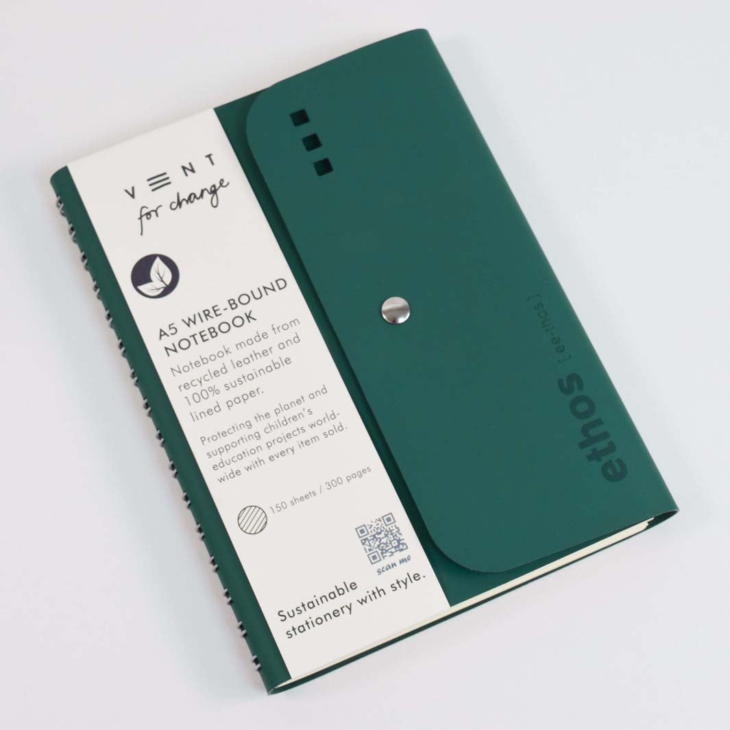 A5 Recycled Leather 'Ethos' Wire-Bound Folio - Emerald Green