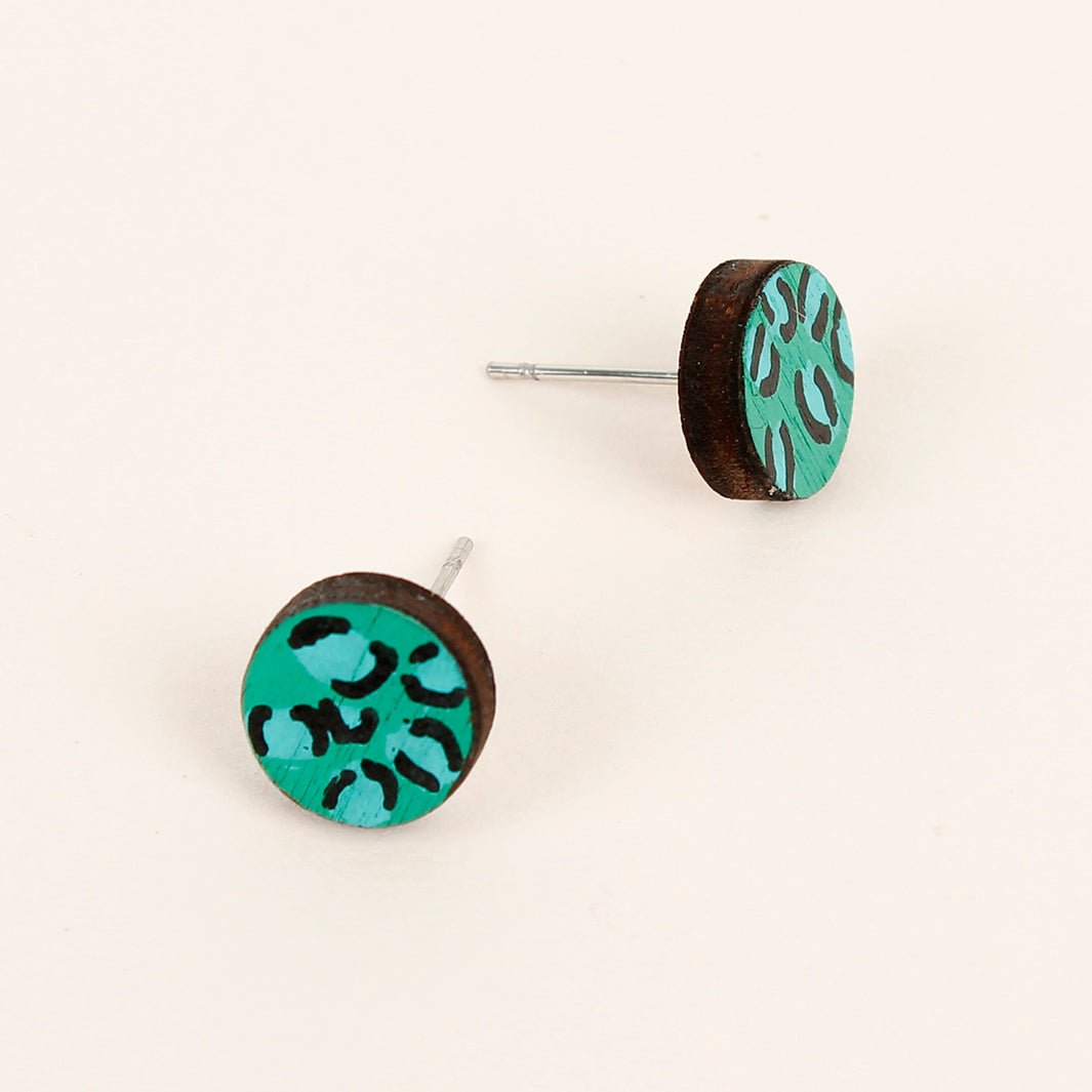 Animal Print Wooden Stud Earrings - Green - Green Tulip