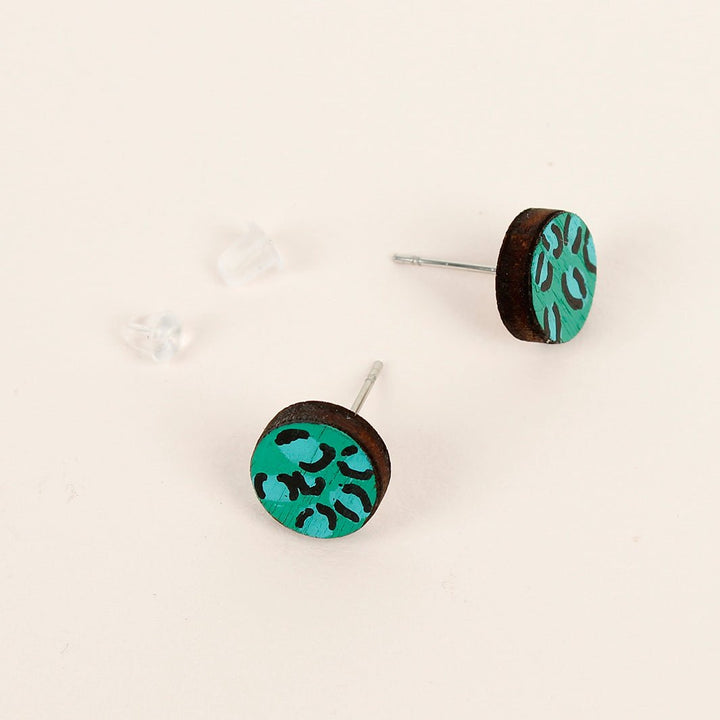 Animal Print Wooden Stud Earrings - Green - Green Tulip