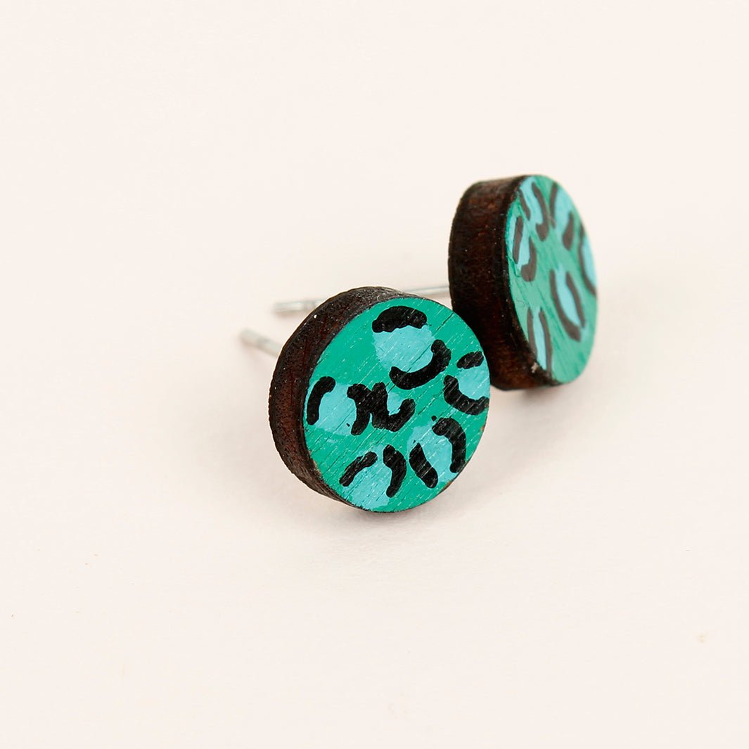 Animal Print Wooden Stud Earrings - Green - Green Tulip