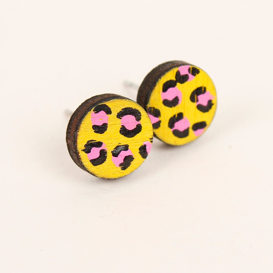 Animal Print Wooden Stud Earrings - Yellow - Green Tulip