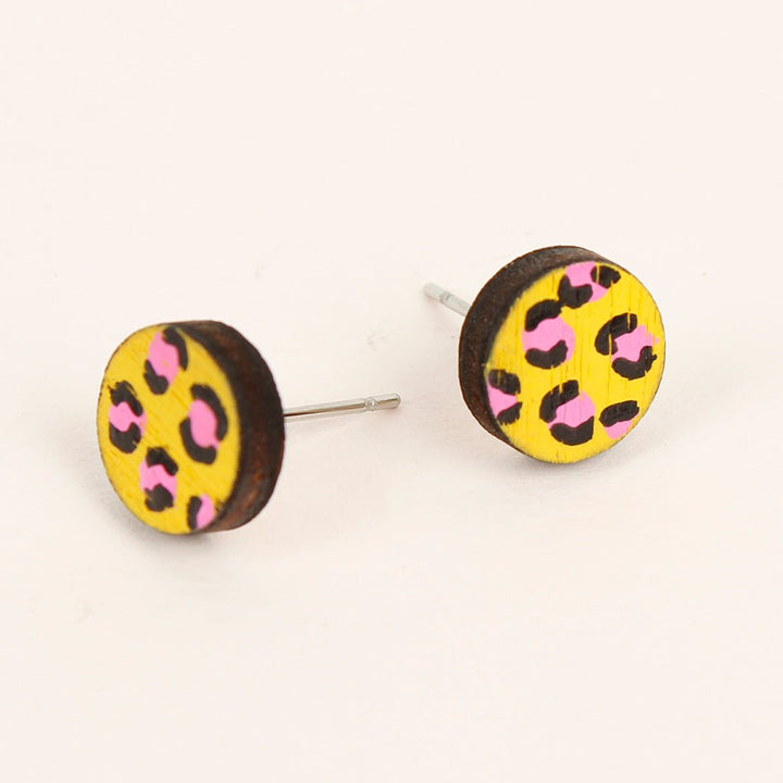 Animal Print Wooden Stud Earrings - Yellow - Green Tulip