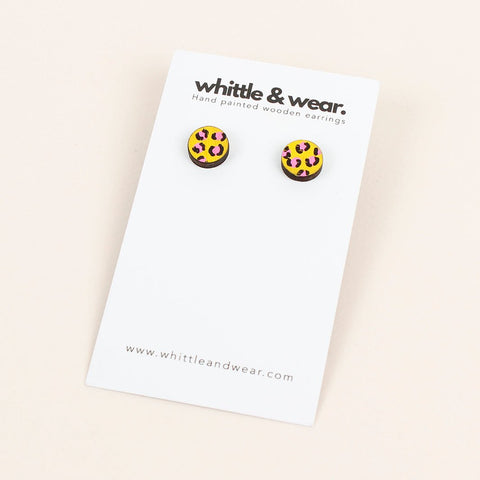 Animal Print Wooden Stud Earrings - Yellow