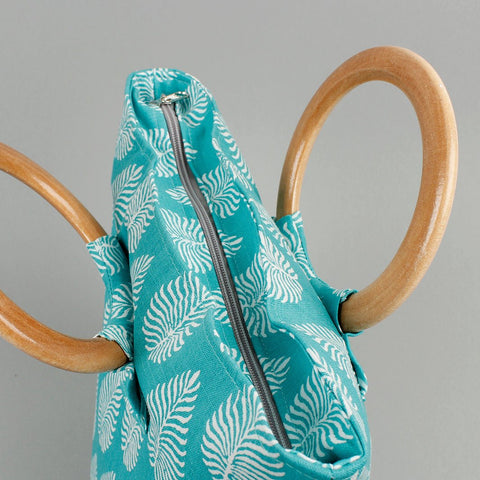 Aqua Leaf Wood Handle Bag