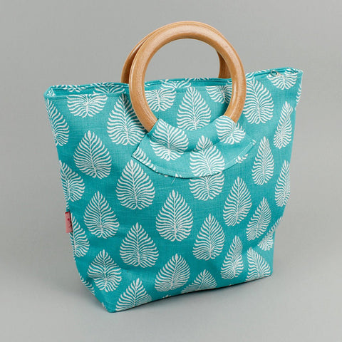 Aqua Leaf Wood Handle Bag