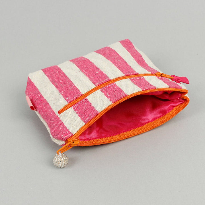 Canvas Pink Stripe Two Zip Purse - Green Tulip