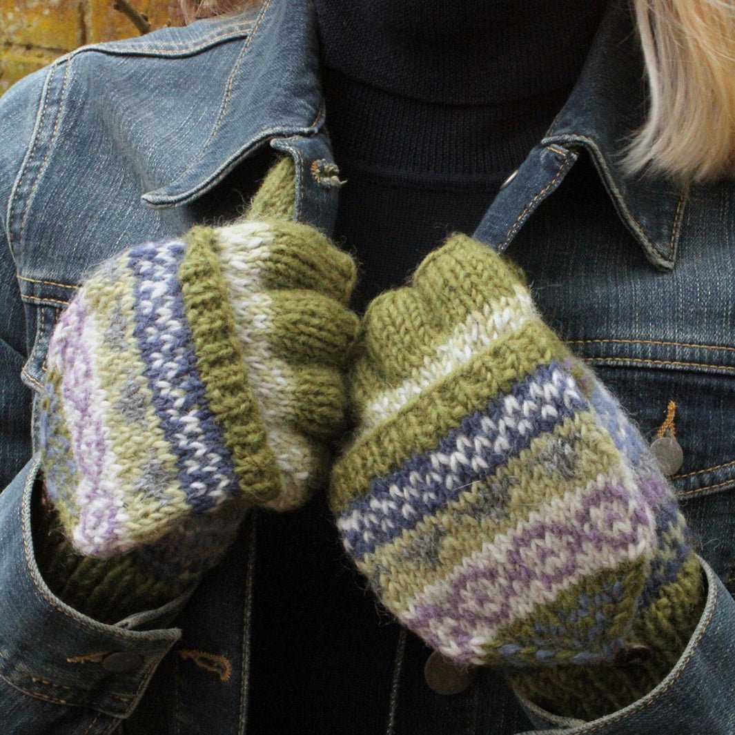 Classic Fairisle Olive Fair Isle Glove Mitts - Green Tulip