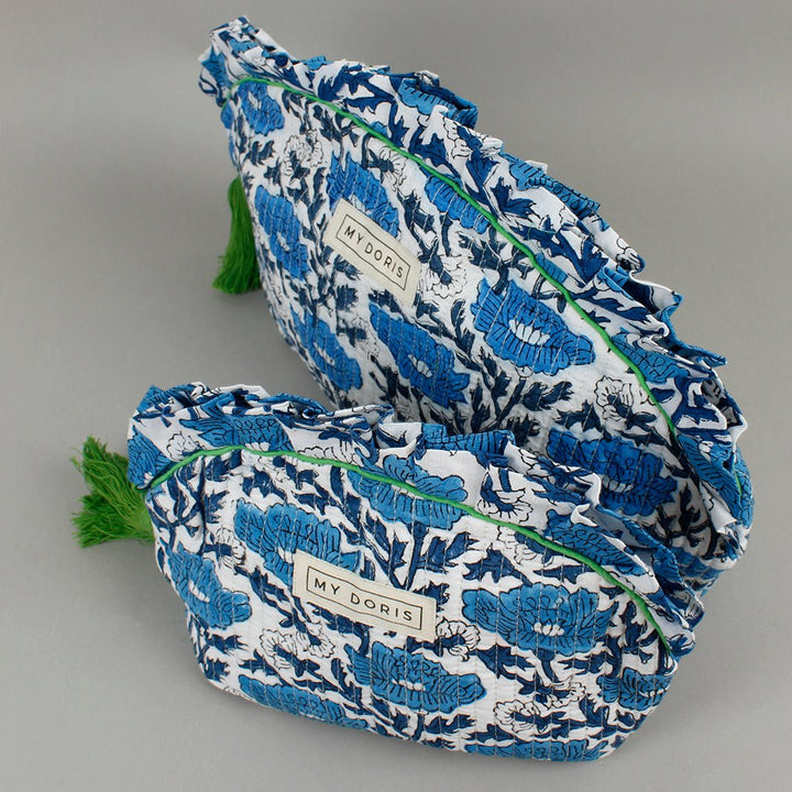 Crescent Block Print Wash Bag - Blue - Green Tulip