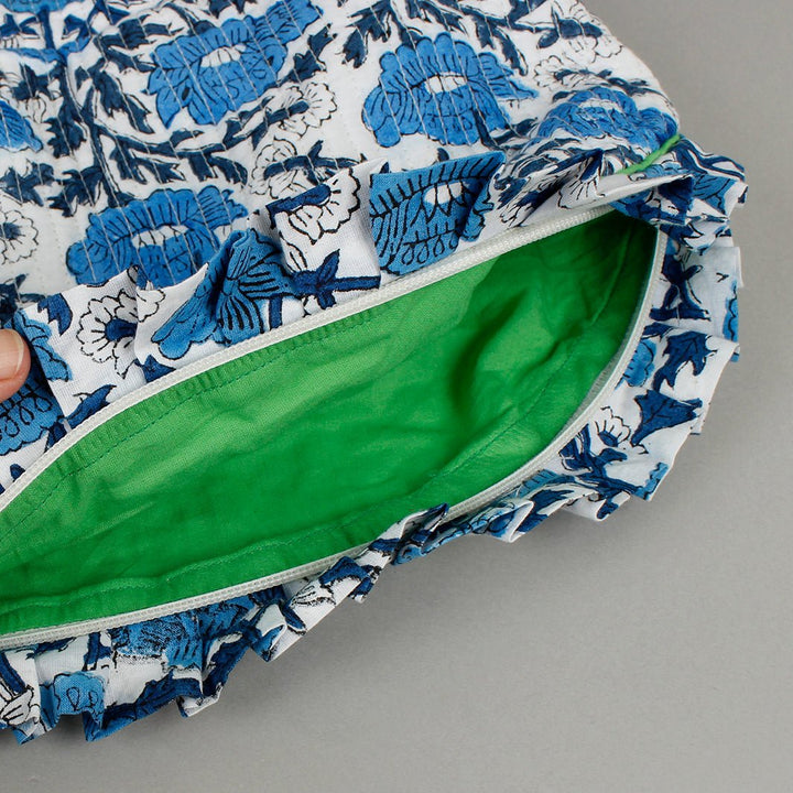 Crescent Block Print Wash Bag - Blue - Green Tulip