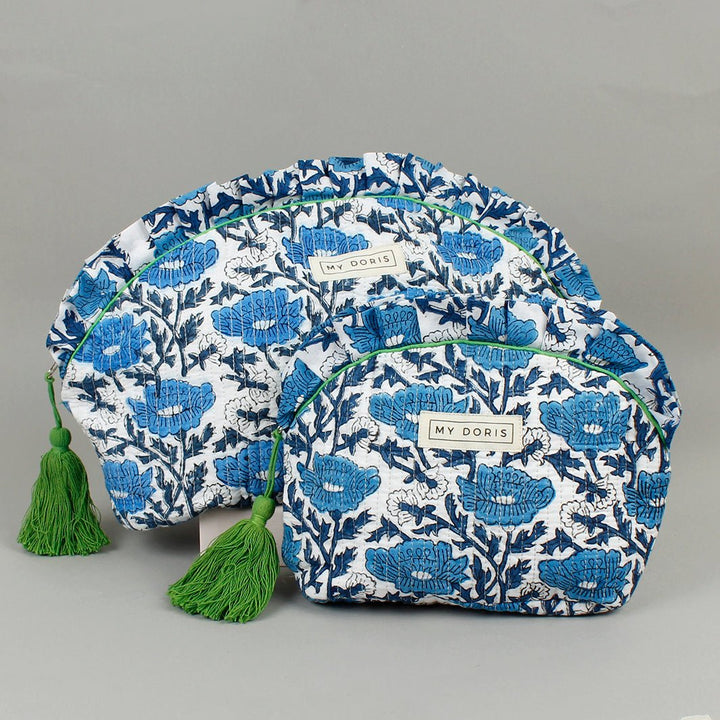 Crescent Block Print Wash Bag - Blue - Green Tulip