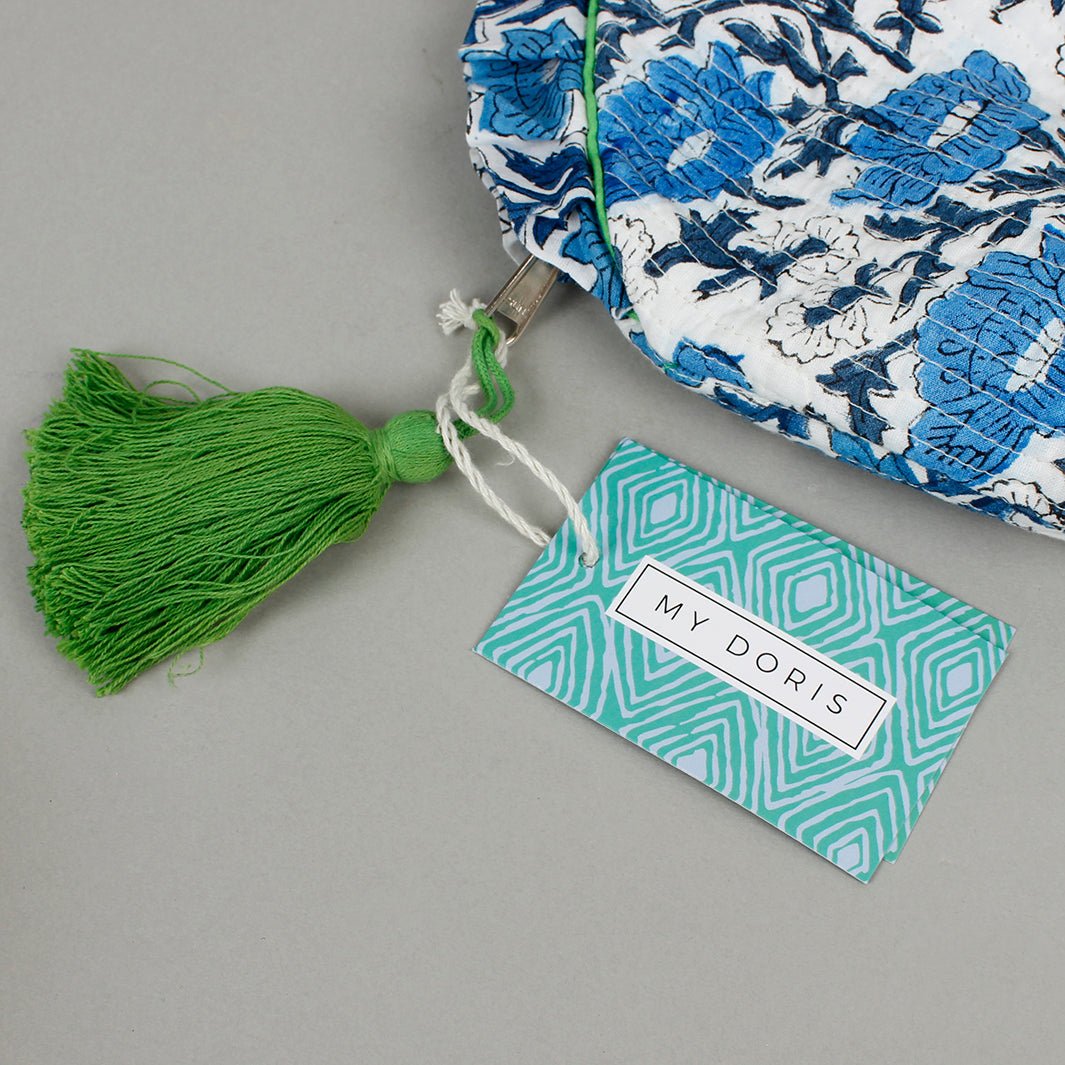 Crescent Block Print Wash Bag - Blue - Green Tulip