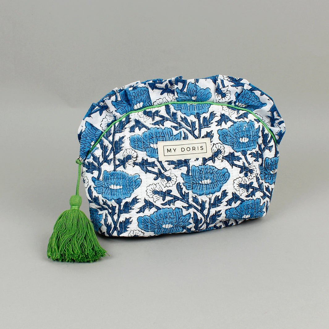 Crescent Block Print Wash Bag - Blue - Green Tulip