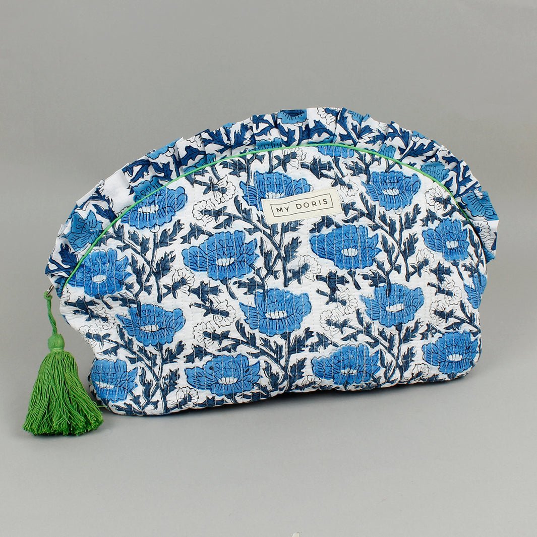 Crescent Block Print Wash Bag - Blue - Green Tulip