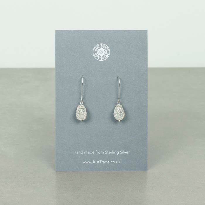 Cristabel Crocheted Silver Pear Drop Earrings - Green Tulip