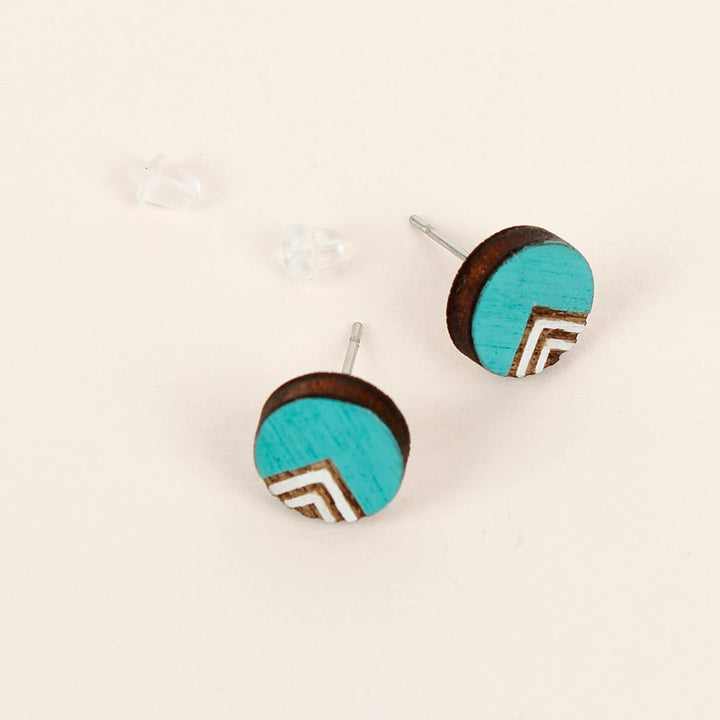 Etched Chevron Wooden Stud Earrings - Turquoise - Green Tulip