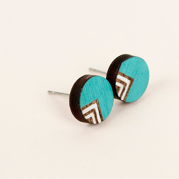 Etched Chevron Wooden Stud Earrings - Turquoise - Green Tulip