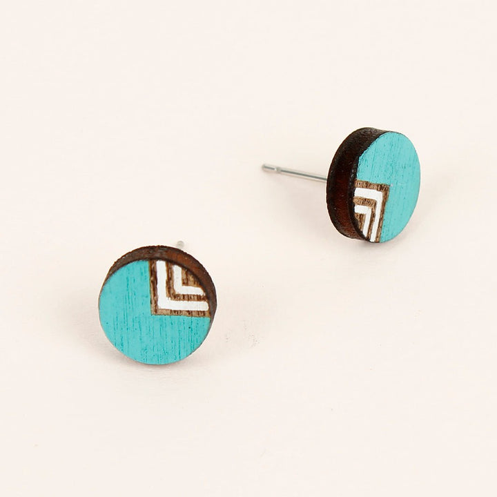 Etched Chevron Wooden Stud Earrings - Turquoise - Green Tulip