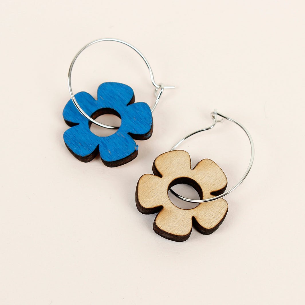 Flower Hoop Earrings - Cobalt Blue - Green Tulip