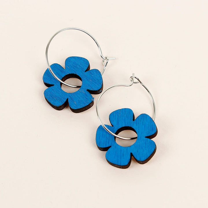 Flower Hoop Earrings - Cobalt Blue - Green Tulip