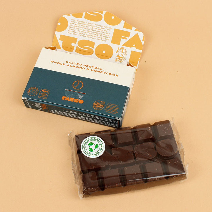 Home Run 60% Dark Chocolate Bar - Salted Pretzel, Whole Almond & Honeycomb - Green Tulip