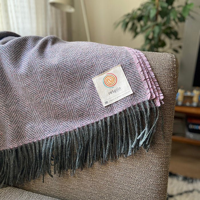 Large Recycled Wool Herringbone Throw with Twisted Fringe - Candyfloss - Green Tulip