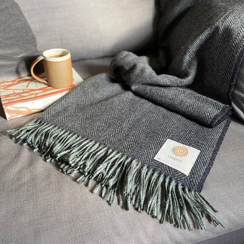 Large Recycled Wool Herringbone Throw with Twisted Fringe - Night Sky