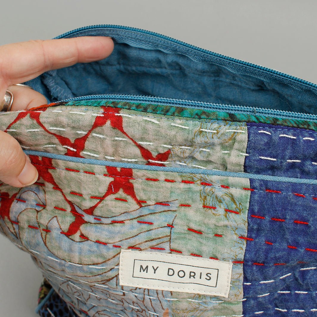 Large Upcycled Kantha Wash Bag - Blue Mix - Green Tulip