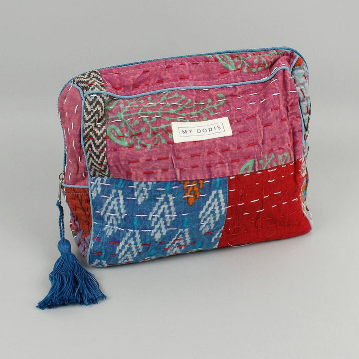 Large Upcycled Kantha Wash Bag - Blue Mix - Green Tulip