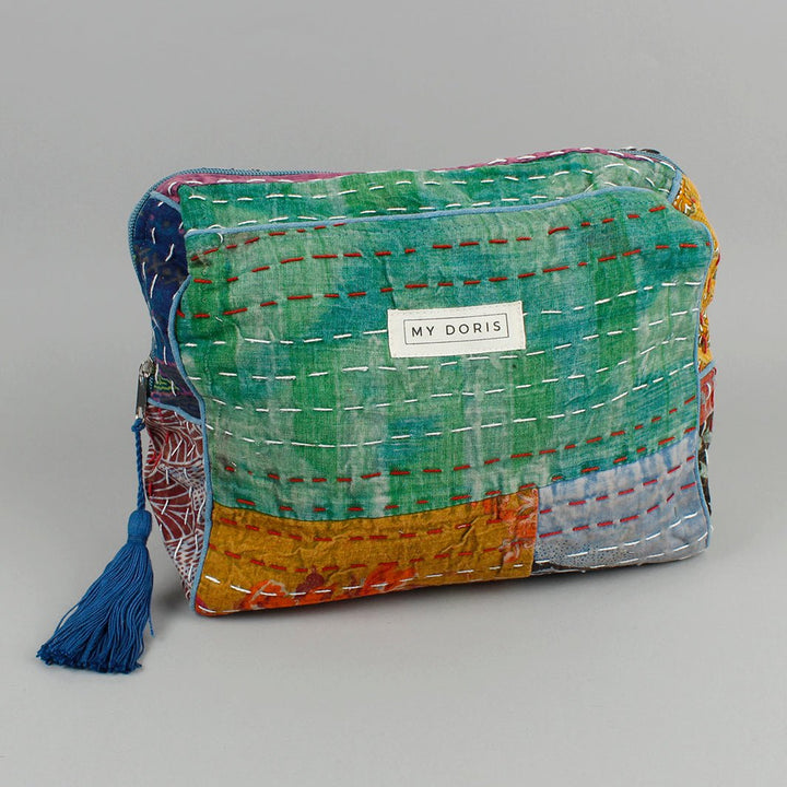 Large Upcycled Kantha Wash Bag - Blue Mix - Green Tulip