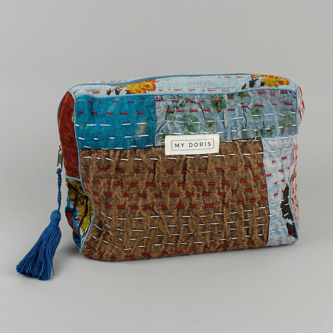 Large Upcycled Kantha Wash Bag - Blue Mix - Green Tulip