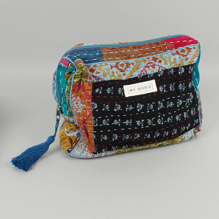 Large Upcycled Kantha Wash Bag - Blue Mix - Green Tulip