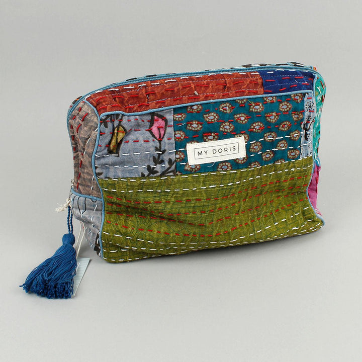 Large Upcycled Kantha Wash Bag - Blue Mix - Green Tulip