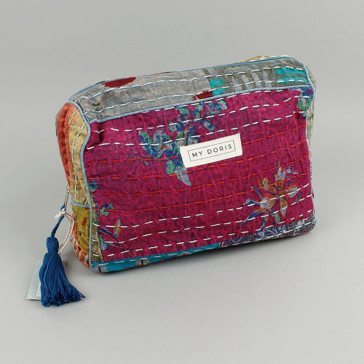 Large Upcycled Kantha Wash Bag - Blue Mix - Green Tulip