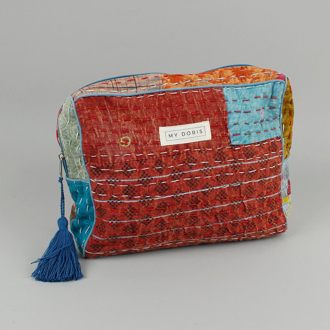 Large Upcycled Kantha Wash Bag - Blue Mix - Green Tulip