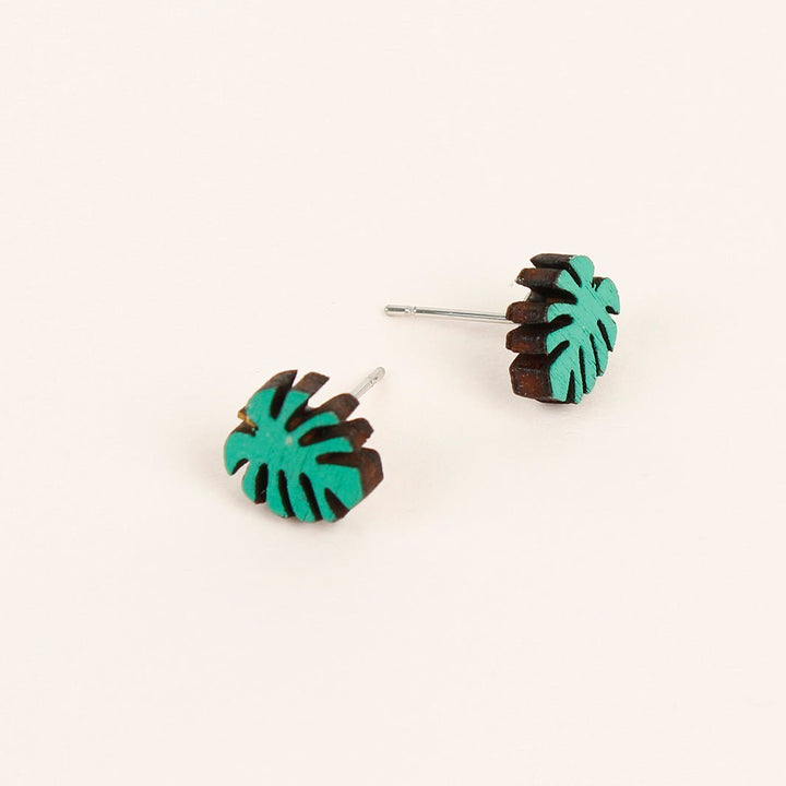 Monstera Leaf Wooden Stud Earrings - Green Tulip