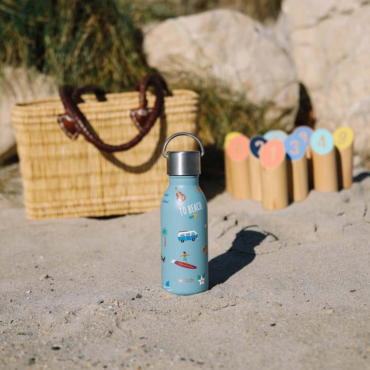 *NQP* 350ml Insulated Stainless Steel Kids Bottle - The Honolulu Collection - Steel Blue - Green Tulip