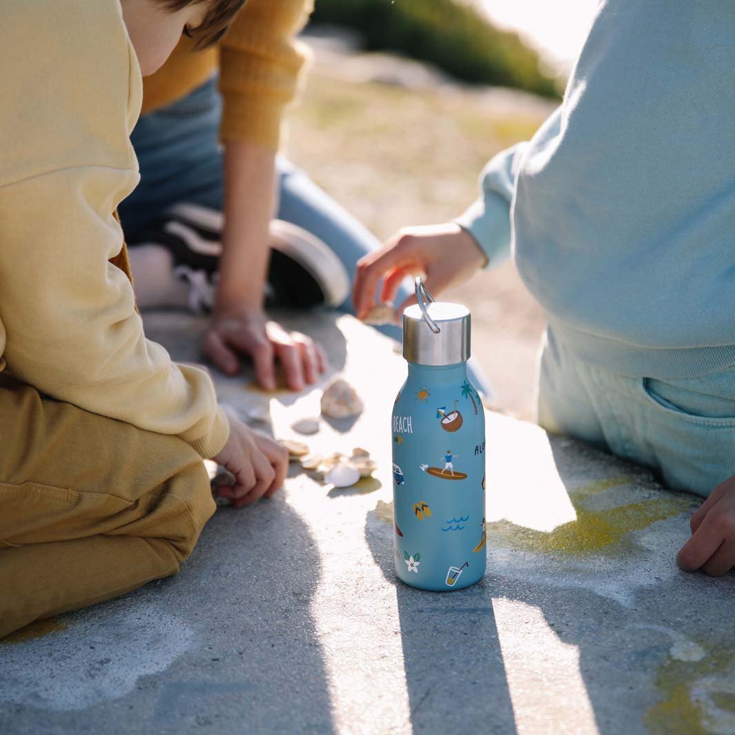 *NQP* 350ml Insulated Stainless Steel Kids Bottle - The Honolulu Collection - Steel Blue - Green Tulip