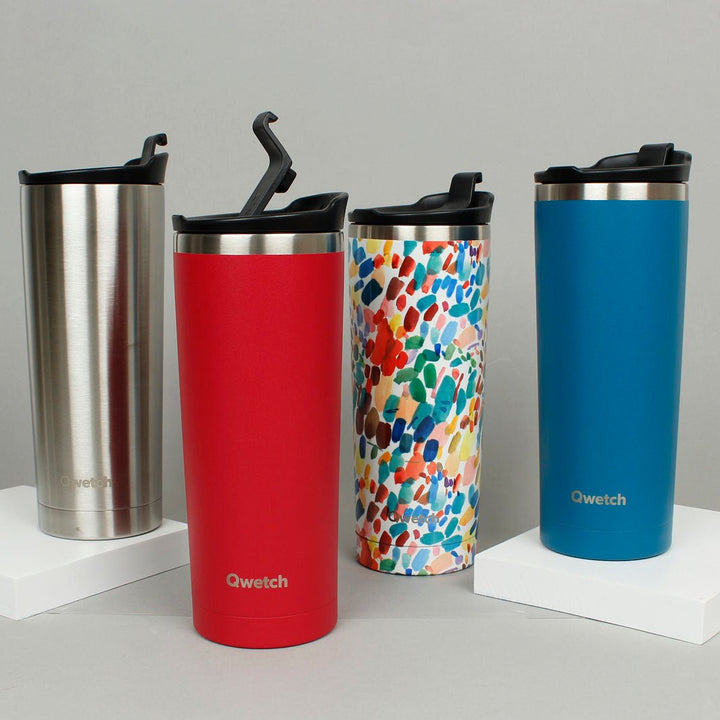 *NQP* Insulated Travel Cup 470ml - Brushed Steel - Green Tulip