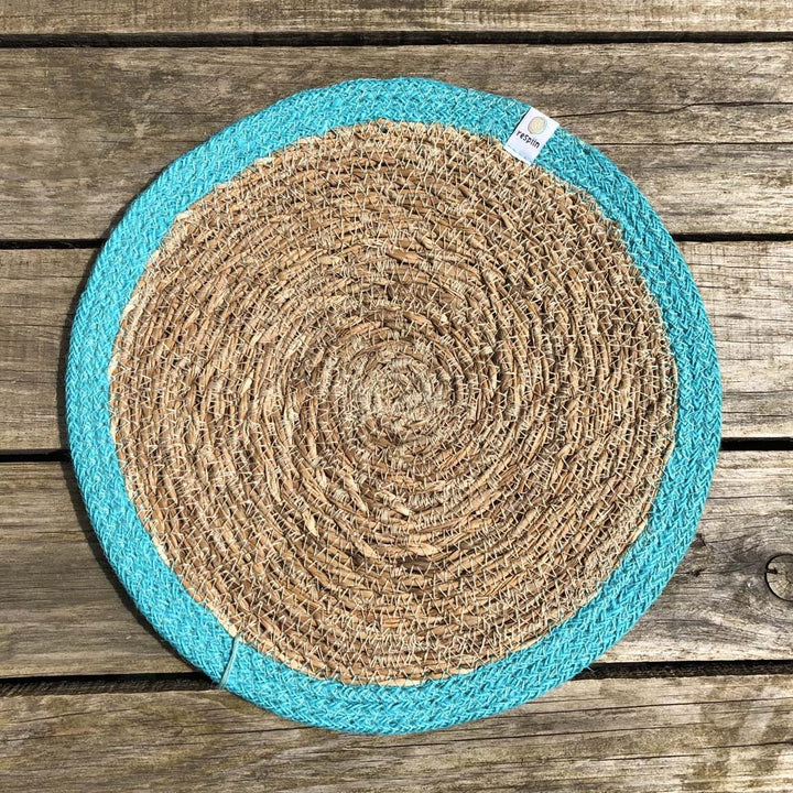 *NQP* Woven Seagrass + Jute Tablemat - NATURAL/TURQUOISE - Green Tulip