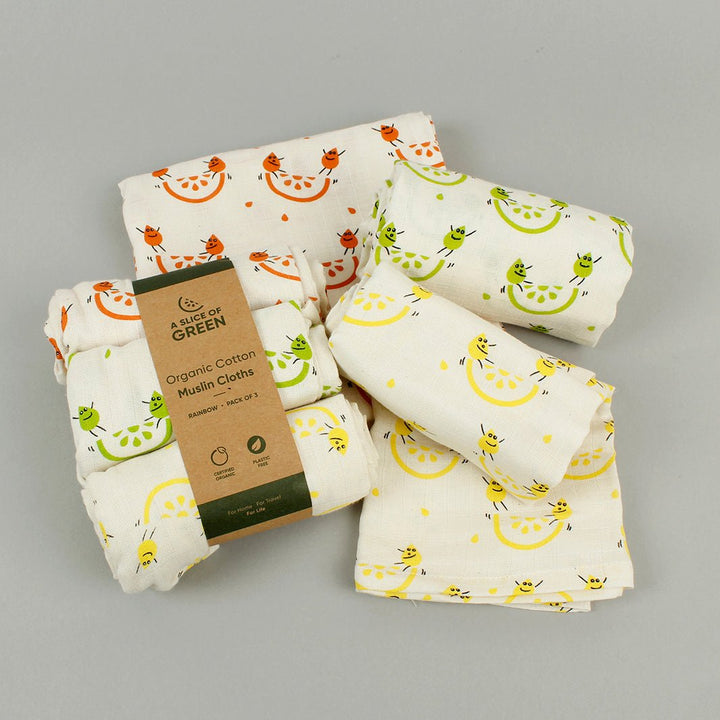 Organic Cotton Muslin Cloths - Rainbow - Pack of 3 - Green Tulip