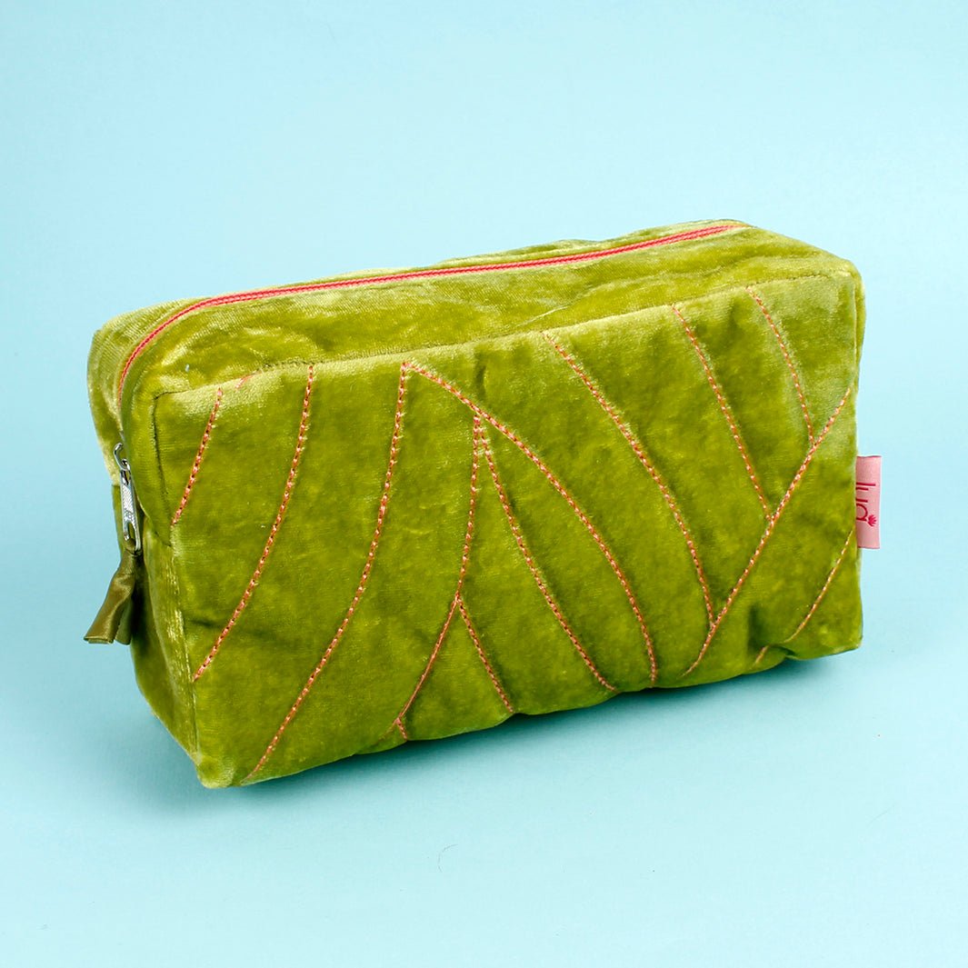 Quilted Velvet Cosmetic Bag - Green Tulip